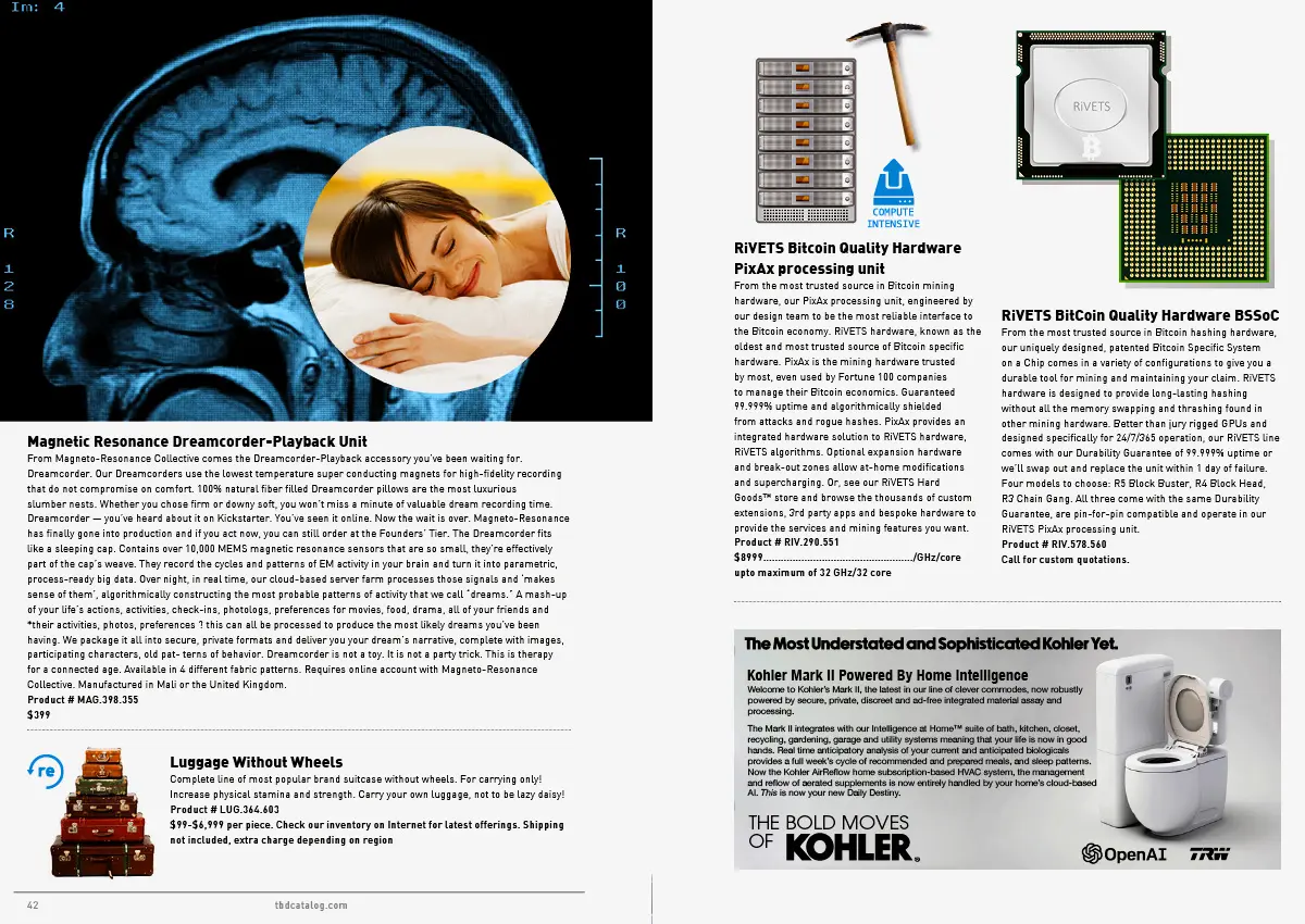 A spread from TBD Catalog, 10th Anniversary Edition, The Design Fiction Catalog of the Near Future's Normal, Ordinary, Everyday