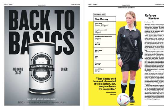 A spread from Winning Formula, the Design Fiction newspaper from a possible future of sports