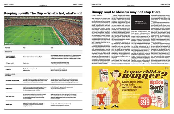 A spread from Winning Formula, the Design Fiction newspaper from a possible future of sports